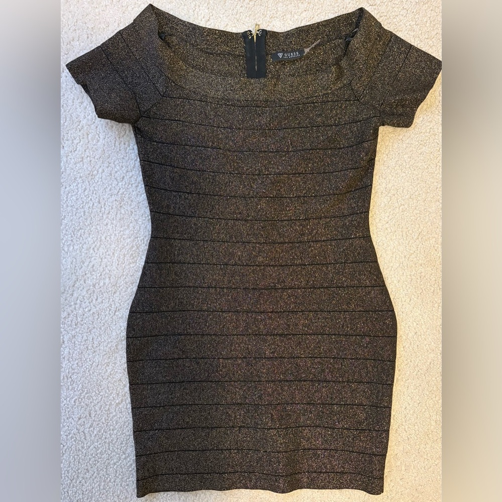 Guess Black and Gold Bandage Bodycon Dress Size 10.